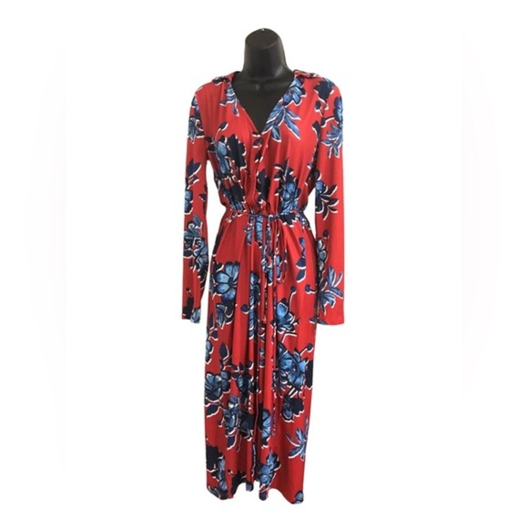Zara red & blue floral v-neck button front belted‎ midi dress size small new - Picture 7 of 16